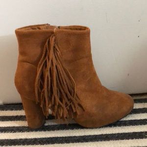 Tan booties with fringe